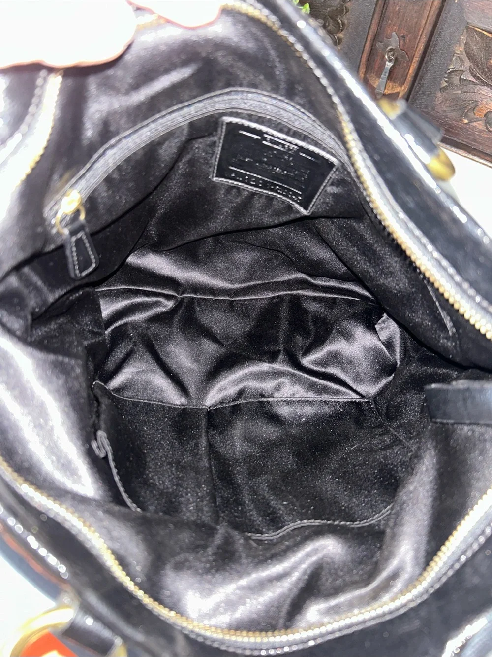 Coach Black Patent Leather Shoulder Tote with Heart Zip Pulls